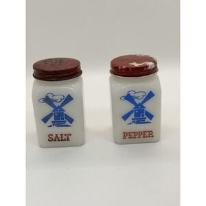 Vintage Hazel Atlas White Milk Glass Dutch Windmill Salt &Pepper Shaker Red Lids